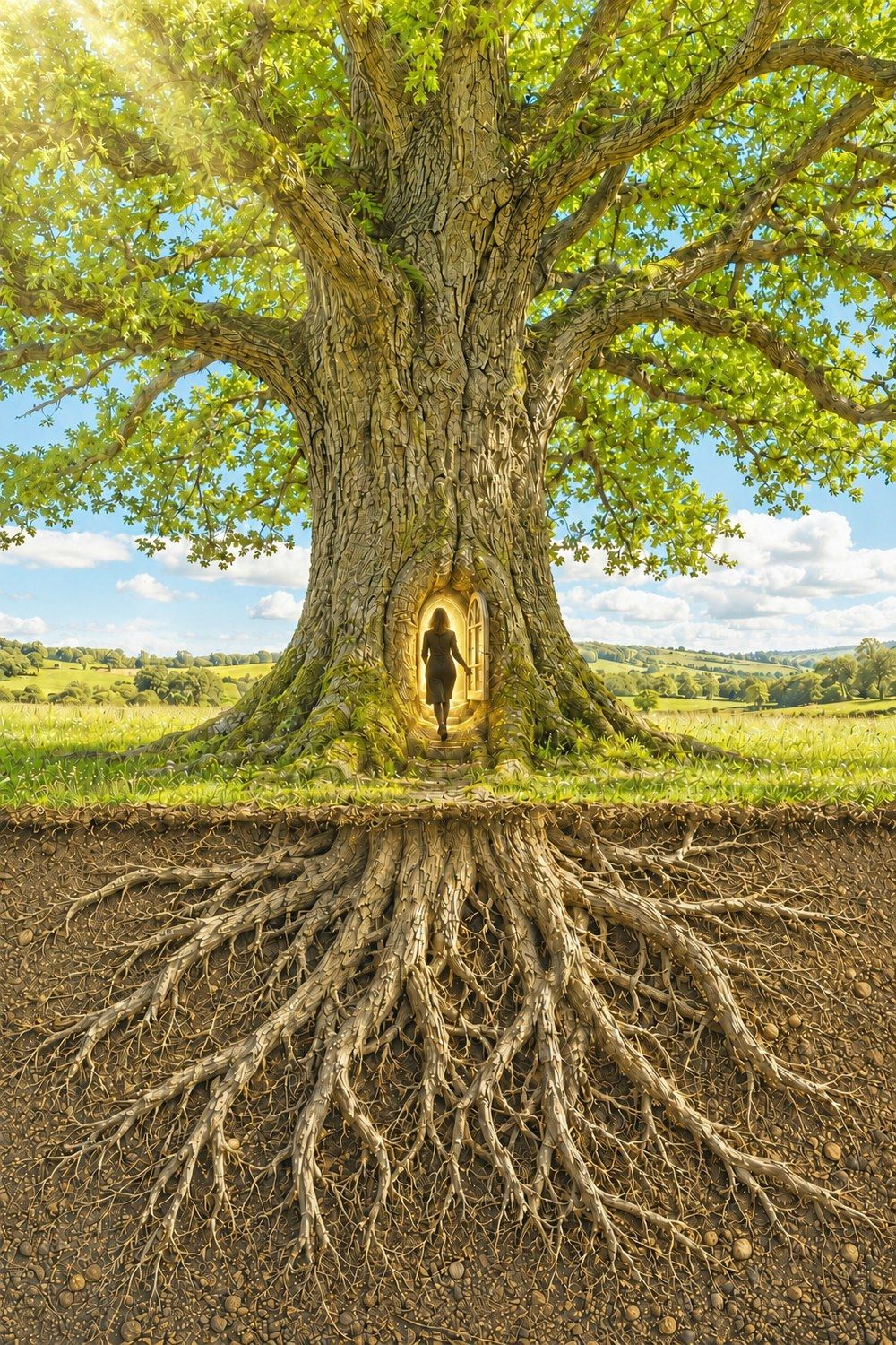 An oak tree with roots visible in the soil and a glowing window built into its trunk — the Alchemy Window